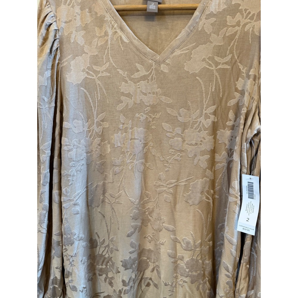 Chico's NWT Gold/Camel Floral V-Neck Puffed Bishop Sleeves Size 2 (12/L) Blouse - Picture 7 of 9